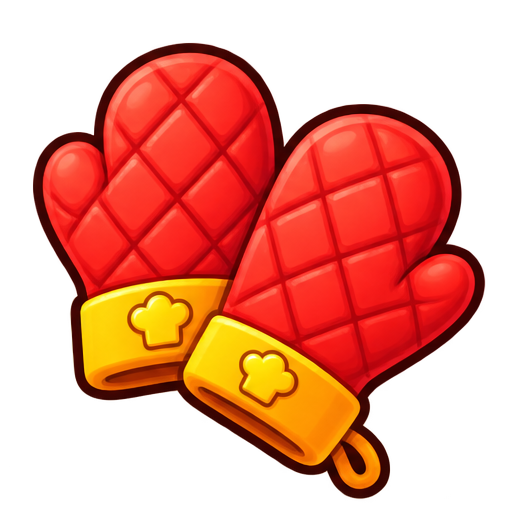 Red oven mitts with chef hat emblem